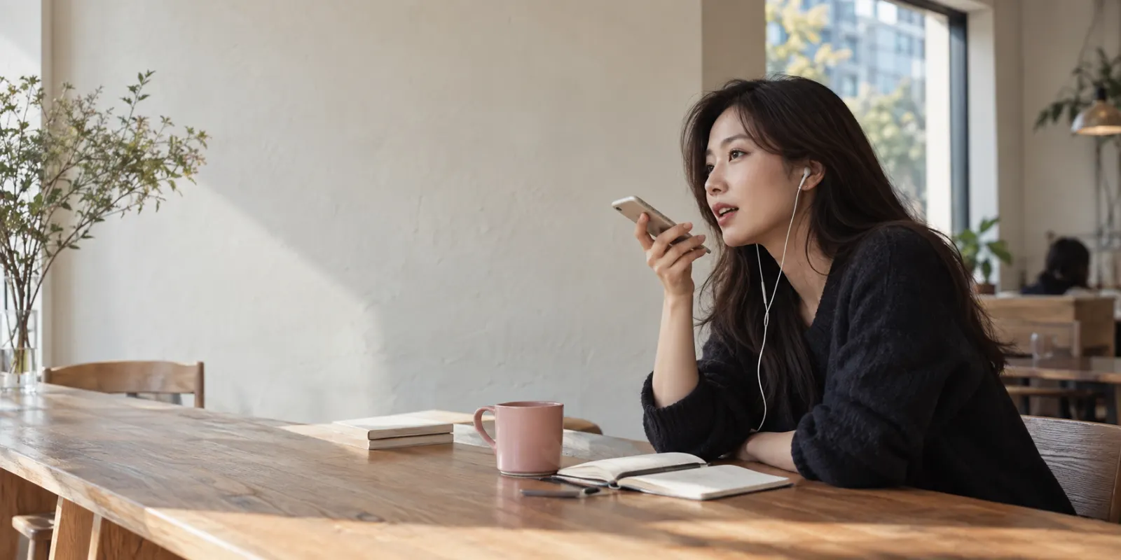 카페에서 영어 답변을 연습하는 학습자